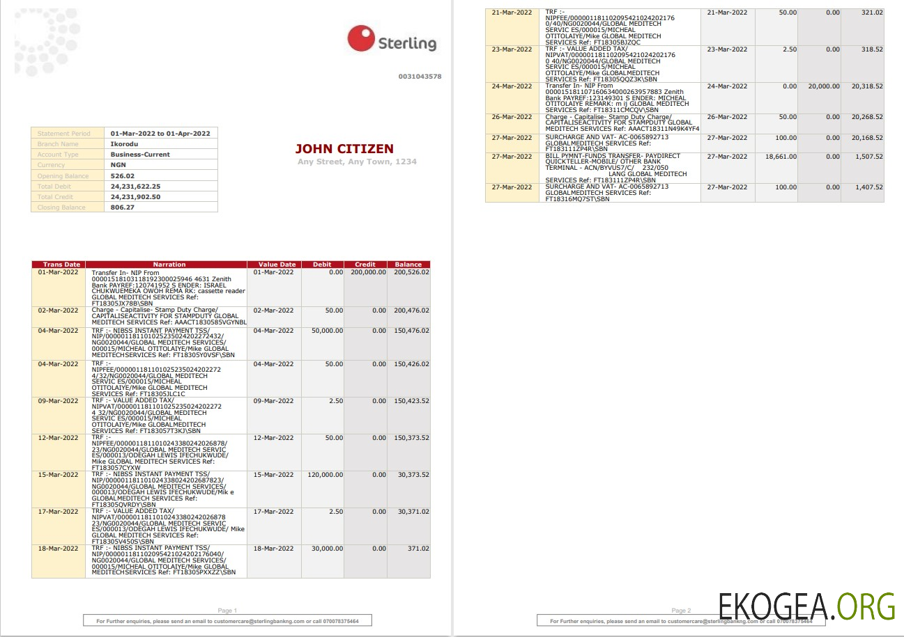 Relevé bancaire en livre sterling du Nigéria